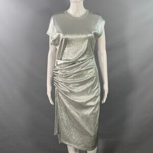 PACO RABANNE 4 Silver Viscose Blend Cap Sleeves Asymmetrical Midi Cocktail Dress